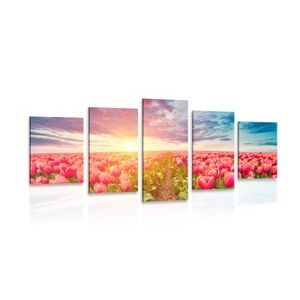 IMPRESSION SUR TOILE EN 5 PARTIES LEVER DE SOLEIL SUR UNE PRAIRIE DE TULIPES - IMPRESSIONS SUR TOILE FLEURS - IMPRESSION SUR TOILE