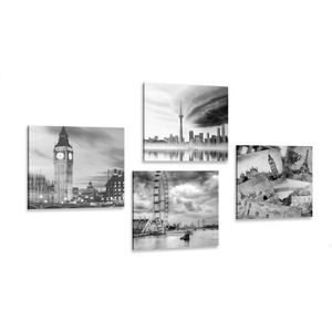 CANVAS PRINT SET MYSTERIOUS CITIES IN BLACK AND WHITE - SET OF PICTURES - PICTURES