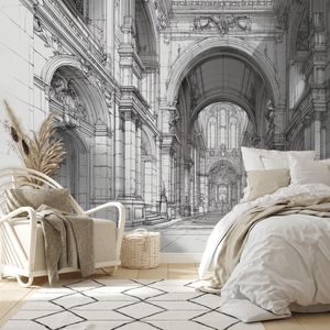 TAPETA HISTORYCZNA ARCHITEKTURA W CZARNO-BIAŁYM RYSUNKU - TAPETA CZARNOBIAŁA - TAPETY