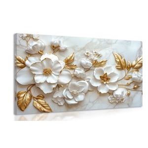 WANDBILD 3D BLUMEN MIT GOLDENEN BLÄTTERN - BILDER BLUMEN - BILDER