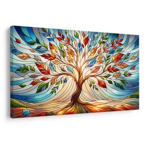 WANDBILD LEBENSBAUM IM BUNTEN GLASFENSTER - BILDER BÄUME UND LAUB - BILDER