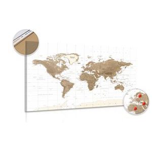 Picture on cork of gorgeous vintage world map with white background