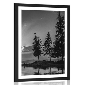 Plakát s paspartou horské jezero v černobílém provedení
