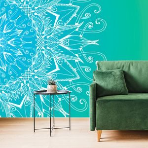 SELF ADHESIVE WALLPAPER WHITE MANDALA ON A BLUE-GREEN BACKGROUND - SELF-ADHESIVE WALLPAPERS - WALLPAPERS