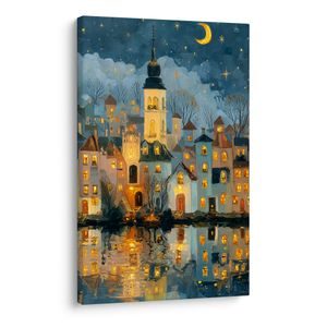 QUADRO SU TELA – MAGICA NOTTE INVERNALE IN CITTÀ - CASE COLORATE - STAMPE E QUADRI