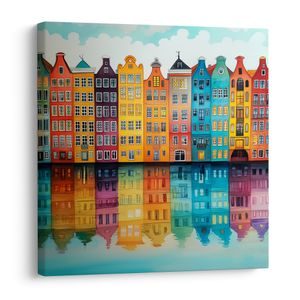TABLEAU SUR TOILE – REFLET DES MAISONS SUR L'EAU - MAISONS COLORÉES - TABLEAUX