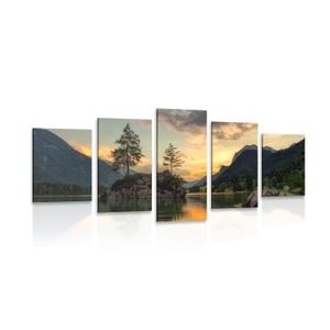 QUADRO IN 5 PARTI PAESAGGIO MONTAGNOSO PRESSO LAGO - QUADRI DI NATURA E PAESAGGIO - QUADRI