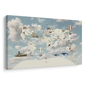 TABLEAU SUR TOILE – CARTE DU MONDE AVEC BALLONS - CARTES POUR ENFANTS - TABLEAUX