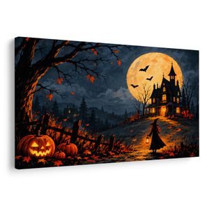 QUADRO SU TELA – CASA STREGATA SOTTO LA LUNA PIENA - QUADRI HALLOWEEN E HORROR - STAMPE E QUADRI