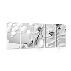 TABLEAU EN 5 PARTIES – ORCHIDÉE EN NOIR ET BLANC SUR FOND ABSTRAIT - TABLEAUX EN NOIR ET BLANC - TABLEAUX