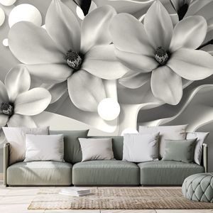 WALLPAPER BLACK AND WHITE MAGNOLIA ON AN ABSTRACT BACKGROUND - BLACK AND WHITE WALLPAPERS - WALLPAPERS