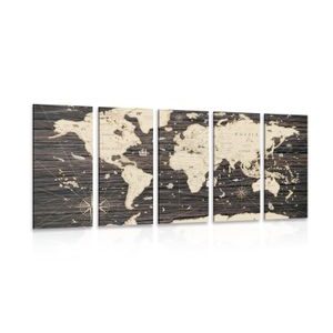 QUADRI 5 PEZZI – MAPPA SU SFONDO DI LEGNO - QUADRI MAPPE - STAMPE E QUADRI