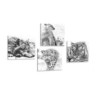 CANVAS PRINT SET ANIMALS IN BLACK AND WHITE WATERCOLOR DESIGN - SET OF PICTURES - PICTURES