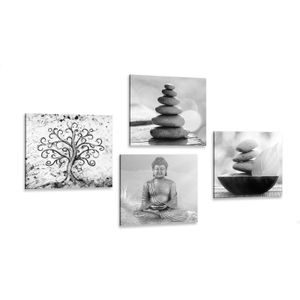 CANVAS PRINT SET WITH BLACK AND WHITE FENG SHUI THEME - SET OF PICTURES - PICTURES