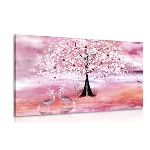 CANVAS PRINT HERONS UNDER A MAGICAL TREE IN PINK DESIGN - PICTURES OF NATURE AND LANDSCAPE - PICTURES