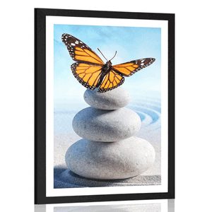 Plakat s paspartuom ravnoteža kamenja i leptir