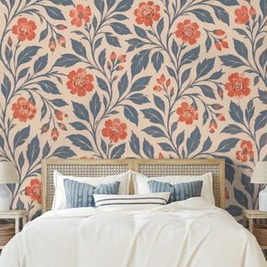 SAMOLEPÍCÍ TAPETA VINTAGE KORÁLOVÉ KVĚTY S LISTY - WALLPAPERS FLOWERS - WALLPAPERS