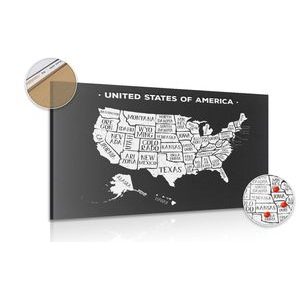 Wandbild auf Kork Belehrende USA-Karte in Schwarz-Weiß
