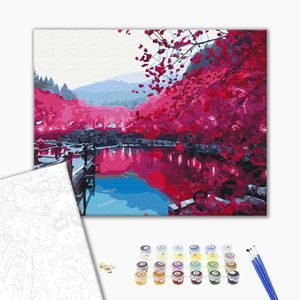 TABLOU PICTARE CONFORM NUMERELOR COPACI SAKURA PE MALUL LACULUI - PICTURĂ ÎN BAZA CIFRELOR