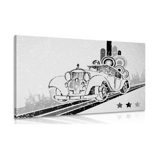 TABLEAU SUR TOILE – VOITURE NOIR ET BLANC AVEC FOND VINTAGE - TABLEAUX EN NOIR ET BLANC - TABLEAUX