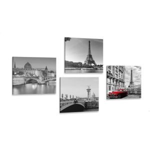 CANVAS PRINT SET PARIS WITH A RETRO RED CAR - SET OF PICTURES - PICTURES