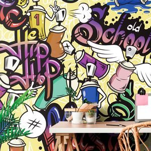 PAPIER PEINT ADHÉSIF – STREET ART JOYEUX AVEC CONTRASTE JAUNE - PAPIER PEINT AUTOCOLLANT - PAPIERS PEINTS PANORAMIQUES