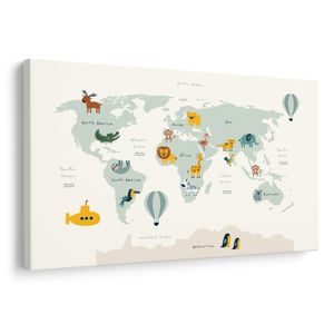TABLEAU SUR TOILE – CARTE DU MONDE POUR ENFANTS AVEC ANIMAUX - CARTES POUR ENFANTS - TABLEAUX