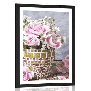 Poster mit Passepartout Nelkenblüten im Mosaik-Blumentopf