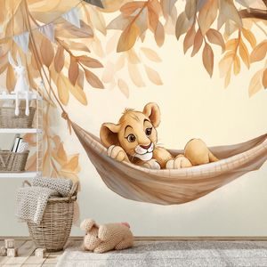 SAMOLEPÍCÍ TAPETA LVÍČE V HOUPACÍ SÍTI POD STROMY - CHILDRENS WALLPAPERS - WALLPAPERS