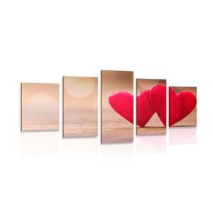 5-PIECE CANVAS PRINT RED HEARTS ON A WOODEN TEXTURE - PICTURES LOVE - PICTURES