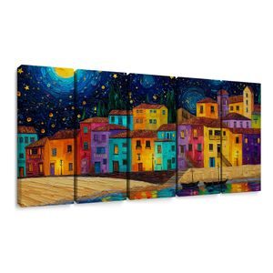 5-DÍLNÝ OBRAZ KOUZELNÁ NOČNÍ VESNICE - BAREVNÉ DOMY - PICTURES