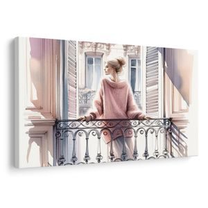 WANDBILD MÄDCHEN IM ROSA PULLOVER AUF DEM BALKON - WANDBILDER FRAUEN - BILDER