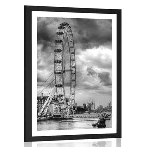 Plakát s paspartou jedinečný Londýn a řeka Temže v černobílém provedení