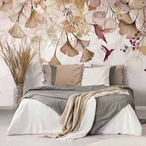 TAPÉTA LEVELEK KOLIBRIKKEL BARNA-RÓZSASZÍNBEN - TAPÉTÁK - 🔥 TELJES KIÁRUSÍTÁS