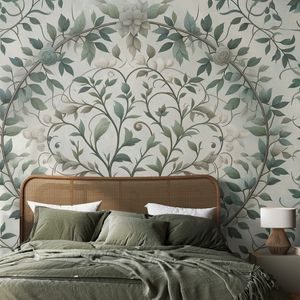 SAMOLEPÍCÍ TAPETA ELEGANTNÍ ZELENÉ LISTY S KVĚTY - PATTERNED WALLPAPERS - WALLPAPERS
