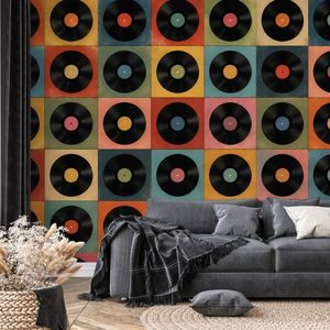TAPET DISCURI DE VINIL RETRO PE FUNDAL COLORAT - FOTOTAPETE MUZICALE - TAPETURI
