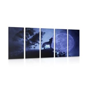 5-PIECE CANVAS PRINT WOLF IN FULL MOON - PICTURES OF ANIMALS - PICTURES