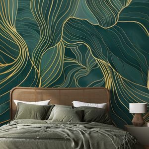 SAMOLEPÍCÍ TAPETA ZLATÉ LINIE NA SMARAGDOVÉ TEXTUŘE - ABSTRACT WALLPAPERS - WALLPAPERS