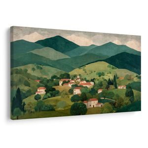 TABLEAU SUR TOILE – PAYSAGE DE VILLAGE DANS LA VALLÉE - MAISONS COLORÉES - TABLEAUX