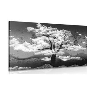 Slika črnobelo drevo obkroženo z oblaki