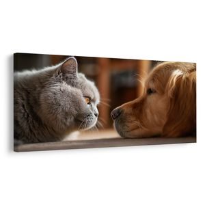 TABLOU ÎNTÂLNIRE LINIȘTITĂ ÎNTRE PISICĂ ȘI CÂINE - TABLOURI ANIMALE - TABLOURI