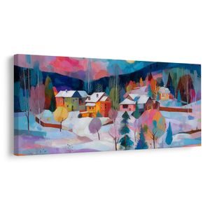 OBRAZ KOUZELNÁ ZIMNÍ VESNICE - BAREVNÉ DOMY - OBRAZY