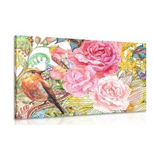 CANVAS PRINT VINTAGE BIRD WITH FLOWERS - VINTAGE AND RETRO PICTURES - PICTURES