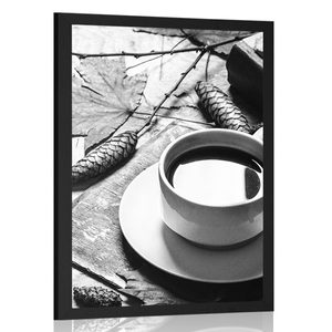 POSTER TASSE KAFFEE MIT HERBSTLICHEM TOUCH IN SCHWARZ-WEISS - SCHWARZ-WEISS - POSTER