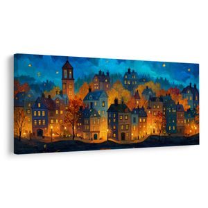 CUADRO EN LIENZO CIUDAD BAJO LAS ESTRELLAS - CUADROS DE CASAS DE COLORES - CUADROS