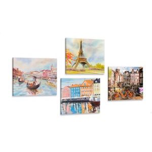 CANVAS PRINT SET PAINTED CITIES IN PASTEL COLORS - SET OF PICTURES - PICTURES