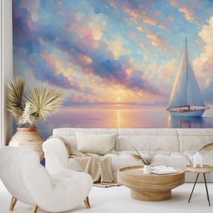 SAMOLEPÍCÍ TAPETA PLACHETNICE NA KLIDNÉM MOŘI PŘI ZÁPADU SLUNCE - WALLPAPERS SUNRISE AND SUNSET - WALLPAPERS