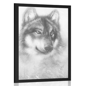 Plakat vuk u snježnom krajoliku u crno-bijelom dizajnu