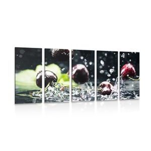 IMPRESSION SUR TOILE EN 5 PARTIES CERISES MÛRES DANS L'EAU - IMPRESSIONS SUR TOILE NOURRITURE ET BOISSON - IMPRESSION SUR TOILE