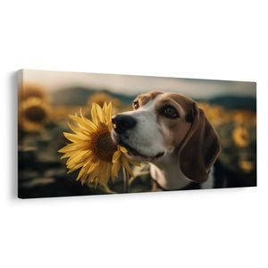 CANVAS SCHILDERIJ BEAGLE MET ZONNEBLOEM - SCHILDERIJEN HONDEN - SCHILDERIJEN
